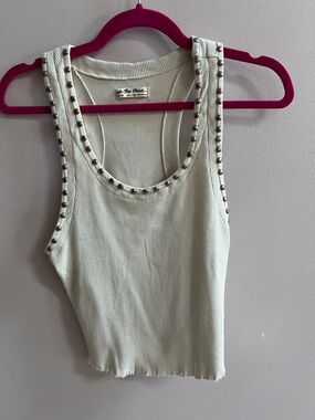 We The Free Cream Ribbed Studded Distressed Tank With Cut Off Bottom Like Nee